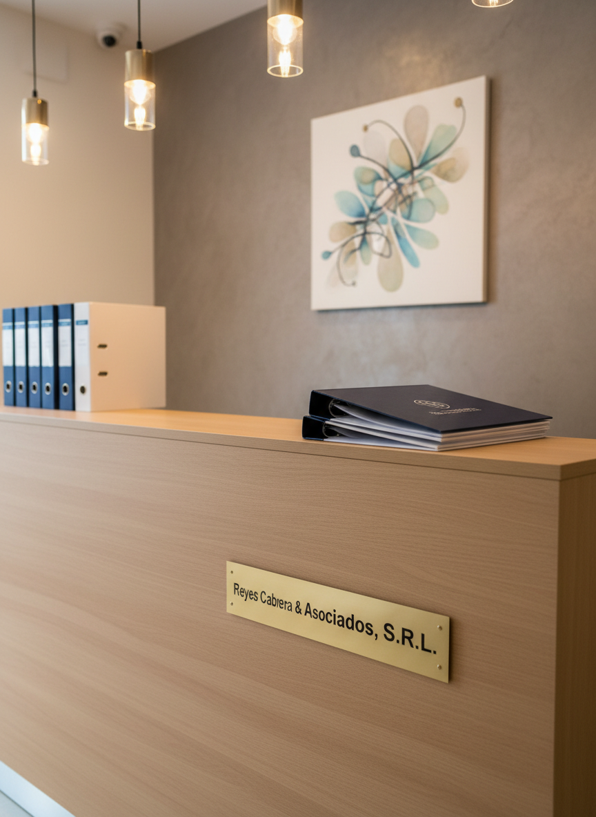 A polished reception counter of a boutique contabilidad firm, crafted from light wood with a smooth, matte finish, featuring a discrete engraved plaque reading “Reyes Cabrera & Asociados, S.R.L.” in modern sans-serif lettering. On the counter, a neatly stacked set of branded folders in navy and white suggests professionalism and confidentiality. Behind, a subtle textured wall in warm gray holds a simple abstract artwork evoking upward movement. The space is illuminated by warm, diffused pendant lighting from above, casting soft shadows and creating a welcoming yet corporate feel. Photographic realism, composed at eye level with a slight diagonal perspective, conveying trust, order, and a high-end professional image suitable for a contact or “Quiénes Somos” section.