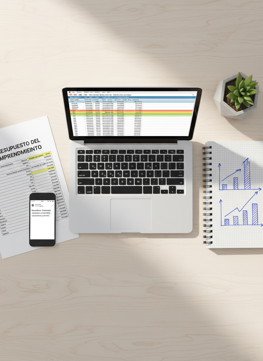 A minimalist overhead shot of a startup’s financial planning session represented only by objects: a silver laptop open to a cash flow forecast spreadsheet, a printed “Presupuesto del Emprendimiento” with highlighted key figures, a smartphone displaying a notification about an upcoming tax deadline, and a clean graph paper notebook with hand-drawn projections. All elements rest on a pale wooden table with subtle grain. A small, geometric concrete planter with a succulent adds a contemporary touch. Soft natural light from an unseen nearby window creates gentle, directional shadows and a serene, focused mood. Photographic realism with a flat lay composition and sharp focus across the frame, ideal for illustrating how contabilidad helps emprendedores tomar decisiones estratégicas.