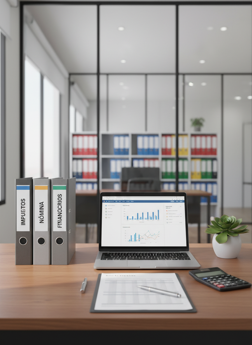 A meticulously organized accountant’s desk with a slim silver laptop displaying a clean financial dashboard, surrounded by neatly stacked binders labeled “Impuestos”, “Nómina” and “Estados Financieros”. A smooth walnut surface holds a stapled printed balance sheet, a metal pen, a calculator, and a small potted plant for a touch of green. The scene is set in a bright, modern office with glass partitions and shelves of color-coded folders softly out of focus. Natural daylight from a large side window creates soft, even lighting with gentle shadows. Photographic realism, shot at eye level with a shallow depth of field, conveying a professional, trustworthy and orderly atmosphere ideal for a contabilidad firm’s homepage hero image.