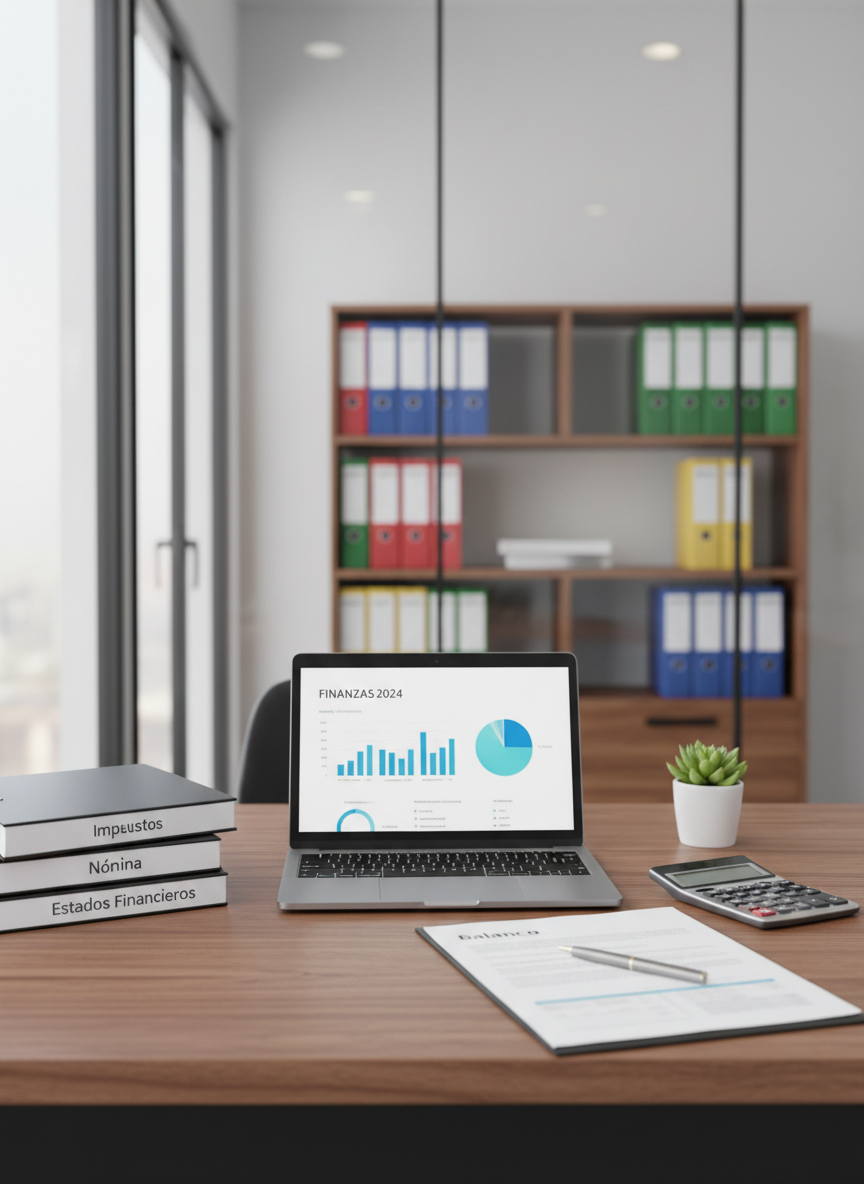 A meticulously organized accountant’s desk with a slim silver laptop displaying a clean financial dashboard, surrounded by neatly stacked binders labeled “Impuestos”, “Nómina” and “Estados Financieros”. A smooth walnut surface holds a stapled printed balance sheet, a metal pen, a calculator, and a small potted plant for a touch of green. The scene is set in a bright, modern office with glass partitions and shelves of color-coded folders softly out of focus. Natural daylight from a large side window creates soft, even lighting with gentle shadows. Photographic realism, shot at eye level with a shallow depth of field, conveying a professional, trustworthy and orderly atmosphere ideal for a contabilidad firm’s homepage hero image.
