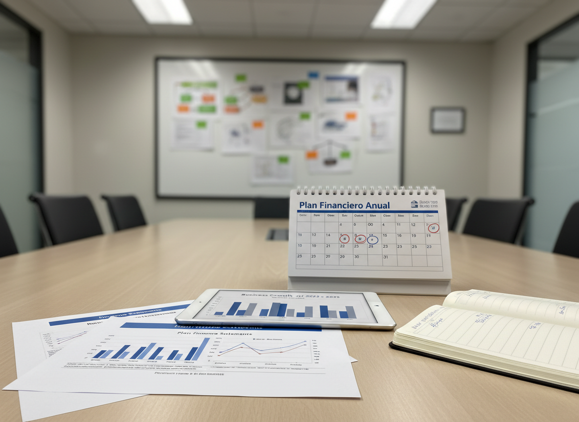 A close-up of carefully arranged financial documents on a light oak conference table: printed income statements with clearly visible charts, a detailed tax calendar with marked deadlines, and a spiral-bound strategic planning report titled “Plan Financiero Anual”. A sleek tablet displays a bar chart of business growth beside an open notebook with tidy, handwritten numeric notes. The background shows a blurred modern meeting room with a wall-mounted whiteboard full of color-coded graphs. Soft overhead office lighting creates a clean, neutral tone. Photographic realism, captured from a slightly elevated angle following the rule of thirds, evoking precision, strategic thinking and organized financial planning for entrepreneurs and empresas.