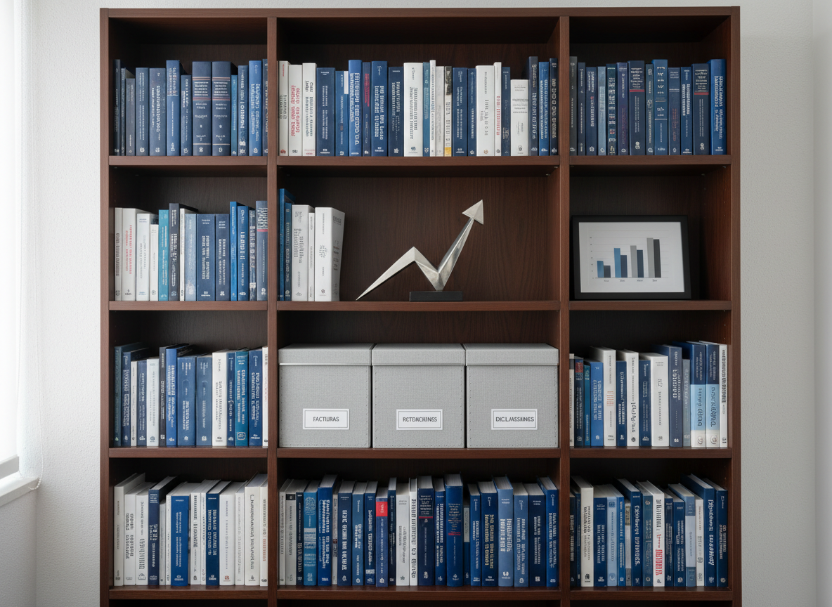 An elegant bookshelf dedicated to contabilidad and finanzas, filled with hardbound books on Dominican tax law, IFRS standards, and financial strategy, each with crisp, legible spines in navy, white, and gray tones. Between the books stand labeled document boxes for “Facturas”, “Retenciones” and “Declaraciones Juradas”. On the middle shelf, a minimalist metal sculpture of a rising arrow symbolizes business growth, beside a small framed print of a clean bar graph. The environment is a modern office corner with a matte white wall and subtle texture. Soft, diffused daylight washes over the scene, creating delicate shadows and a calm, studious mood. Photographic realism, shot straight-on with sharp focus throughout, ideal for a professional “Servicios de Contabilidad” section.