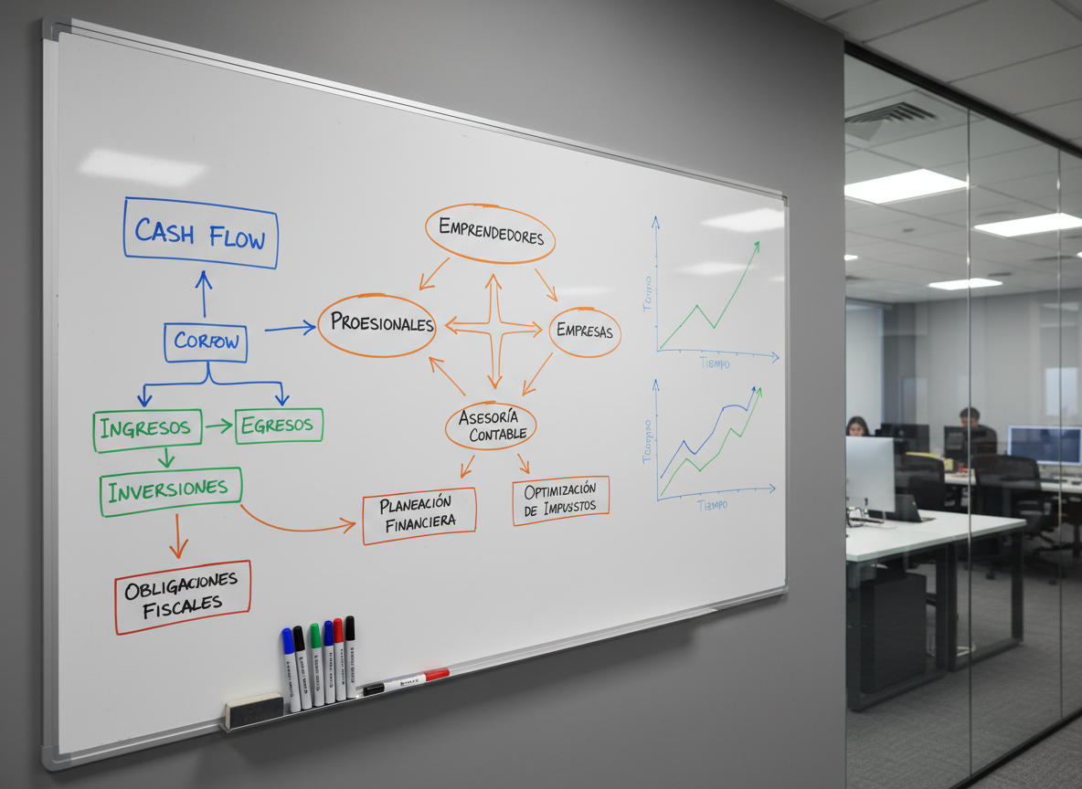 A large wall-mounted whiteboard in a contemporary office, covered with a meticulously drawn financial strategy map: color-coded flowcharts for cash flow, labeled boxes for “Obligaciones Fiscales”, arrows connecting “Emprendedores”, “Profesionales” and “Empresas” to different service types, and clean line graphs showing projected growth. At the base of the whiteboard, a slim metal tray holds neatly aligned markers and an eraser. The room features a neutral gray wall and a glass partition reflecting subtle office details. Bright but soft overhead lighting eliminates harsh shadows. Photographic realism, captured from a slightly angled side view to emphasize depth, with a clear, organized, and forward-looking atmosphere that communicates strategic decision-making support.