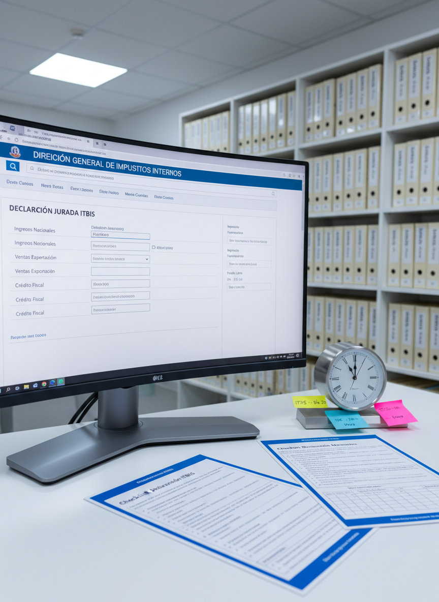 A detailed close-up of a tax compliance workstation: a widescreen monitor shows an official online tax portal with visible fields for declarations, while beside it, printed checklists titled “Checklist Declaración ITBIS” and “Obligaciones Mensuales” lie on a smooth white desk. A precise, metallic desk clock indicates the importance of deadlines, next to color-coded sticky notes with neatly written due dates. The background reveals shelves with archived folders labeled by year and tax type, softly blurred. Cool, balanced artificial lighting from an overhead LED panel creates a crisp, clinical clarity. Photographic realism, captured from an eye-level, slightly off-center composition, evoking reliability, rigor, and calm control over fiscal responsibilities.